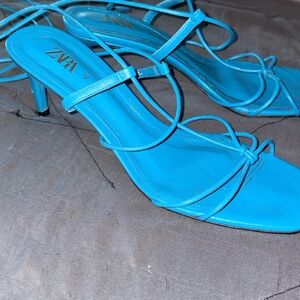 Zara Blue Strappy Heeled Sandals Gold Details